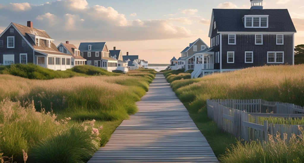 People walking and shopping along a charming Main Street on Cape Cod, lined with local boutiques and cafés.