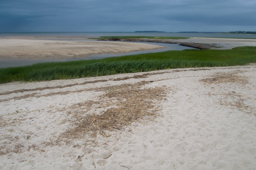 Quiet Chatham beach with footprints in the sand on a cloudy day in Cape Cod