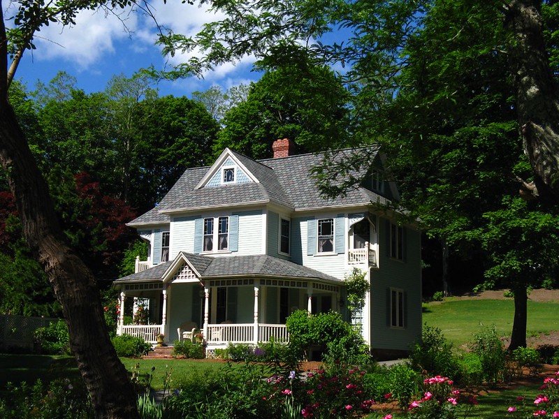 Historic buildings along Shawme Pond in Sandwich, Massachusetts
