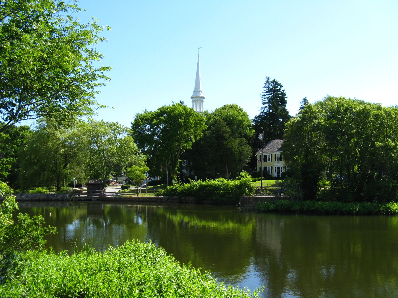storic buildings along Shawme Pond in Sandwich, Massachusetts