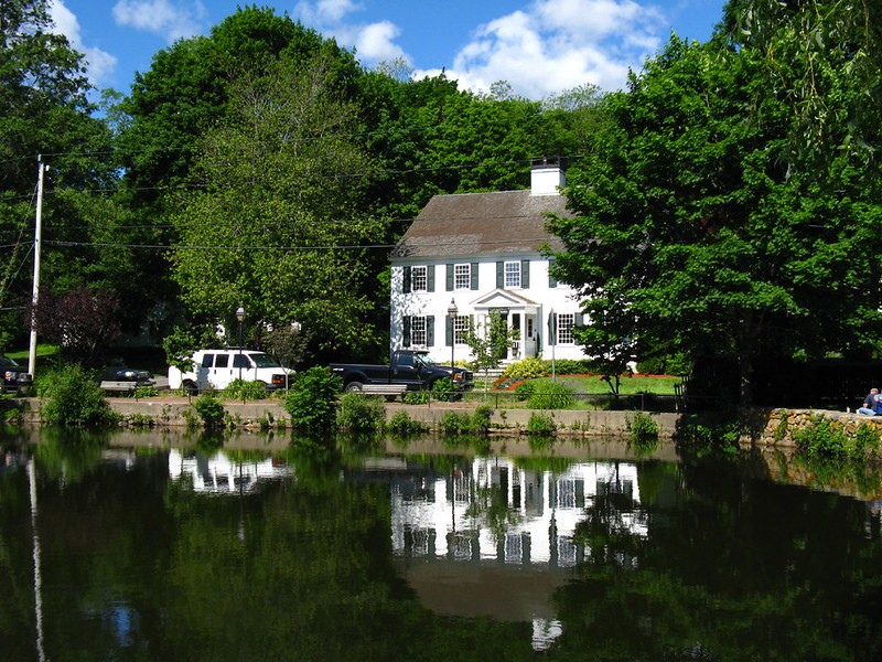 Historic buildings along Shawme Pond in Sandwich, Massachusetts