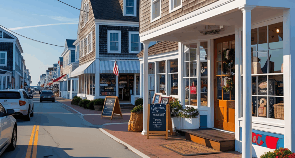 People walking and shopping along a charming Main Street on Cape Cod, lined with local boutiques and cafés.