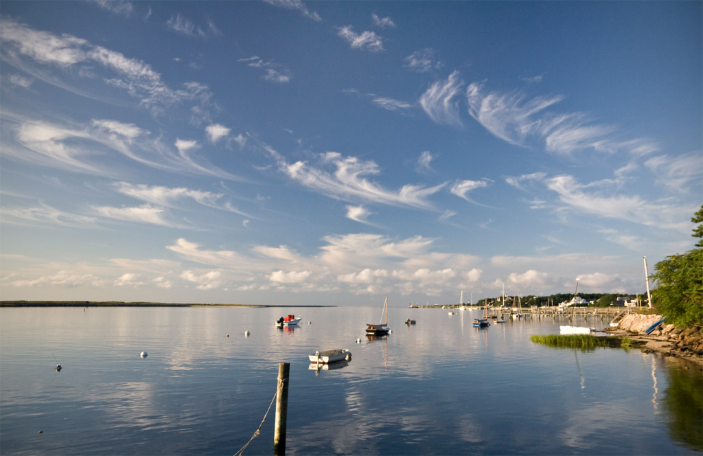 Scenic view of Bass River in South Yarmouth, Massachusetts with sky reflecting on the water