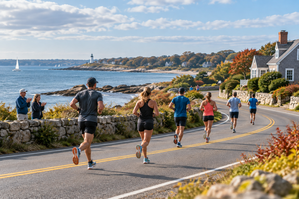 Runners along the Falmouth coastline during Cape Cod Marathon Weekend