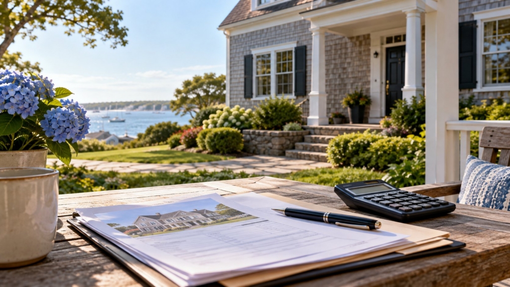 Appraisal documents, pen, and calculator on a porch table in front of a shingled home