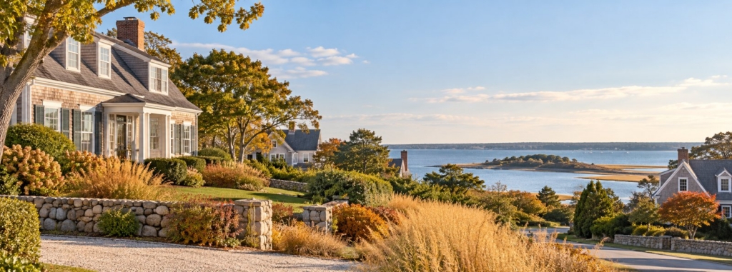 Shingled Cape Cod homes with stone walls overlooking a calm bay in early fall