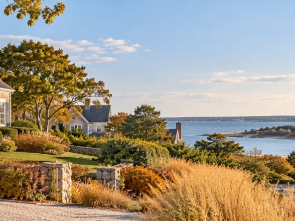 Shingled Cape Cod homes with stone walls overlooking a calm bay in early fall