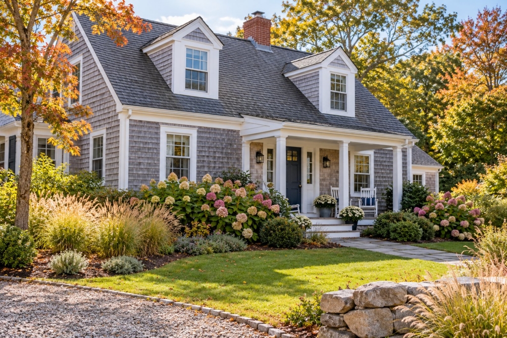 Gray-shingled Cape Cod–style home with a covered front porch and hydrangeas
