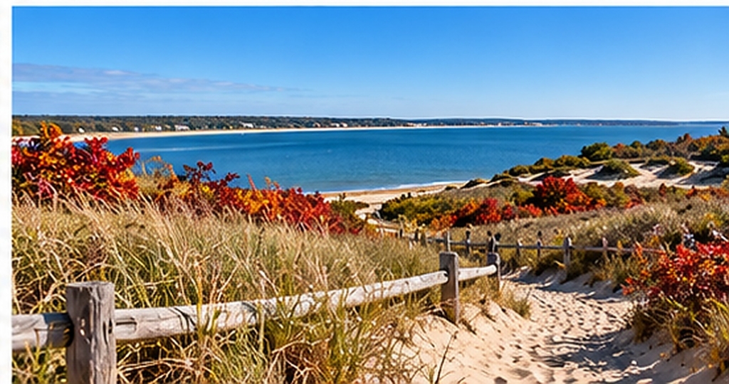Cape Cod beach path through dunes with fall color in October