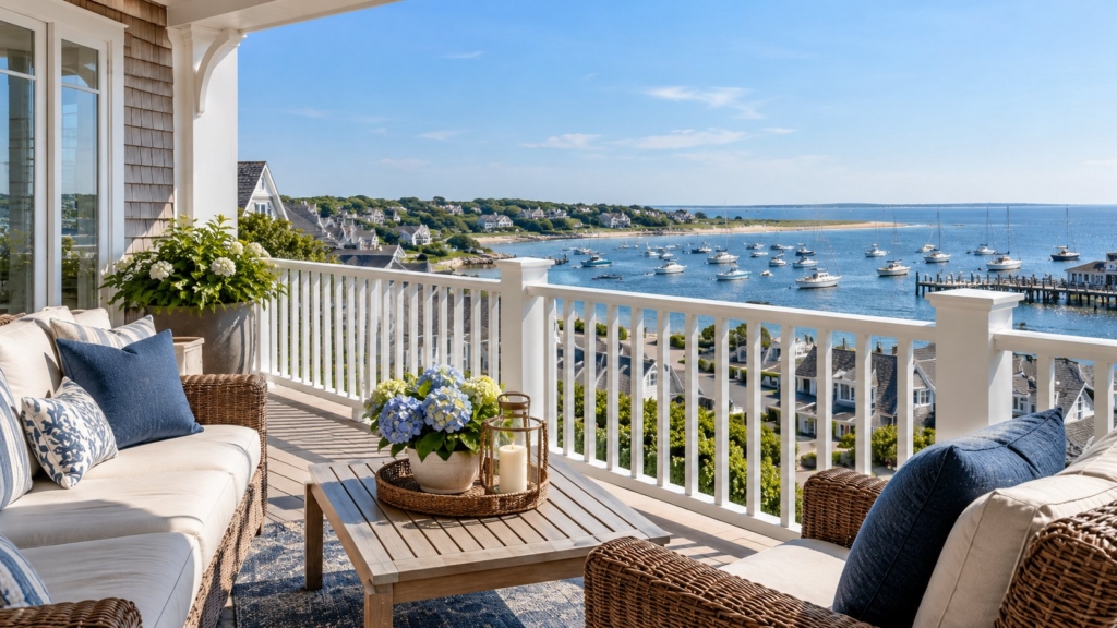 Cape Cod condo balcony with outdoor seating overlooking a harbor full of sailboats