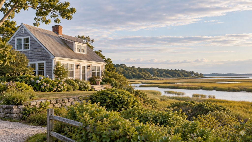 Shingled Cape Cod cottage with hydrangeas overlooking a salt marsh