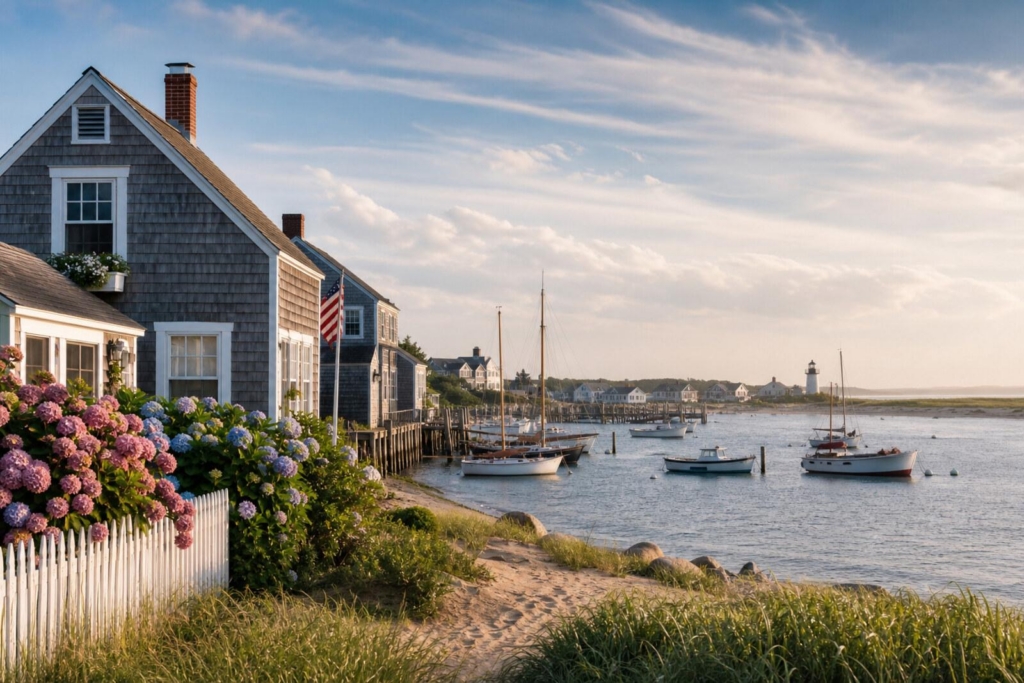 Shingled Cape Cod cottages with hydrangeas and a picket fence beside a harbor with sailboats