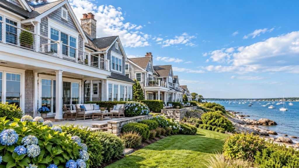 Row of shingled waterfront condominiums with hydrangeas along the Cape Cod shoreline