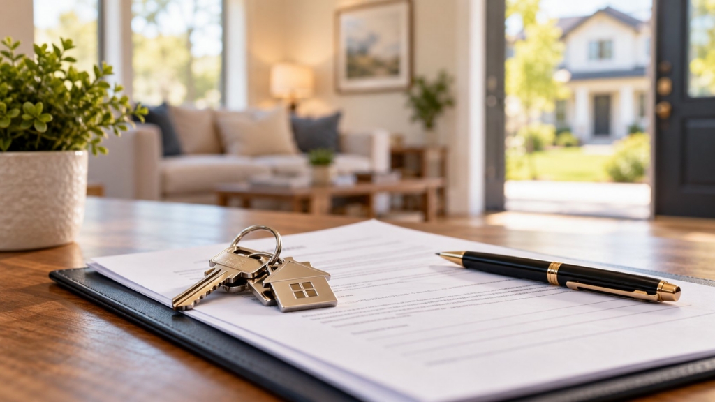 House keys and pen resting on closing paperwork