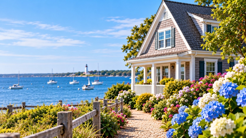 Massachusetts closing costs guide for buyers: shingled Cape Cod cottage with hydrangeas overlooking a harbor and lighthouse