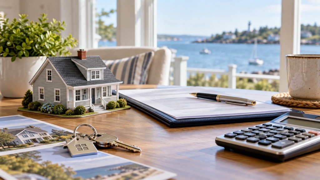 Model house, keys, purchase documents, and calculator on a table overlooking a harbor