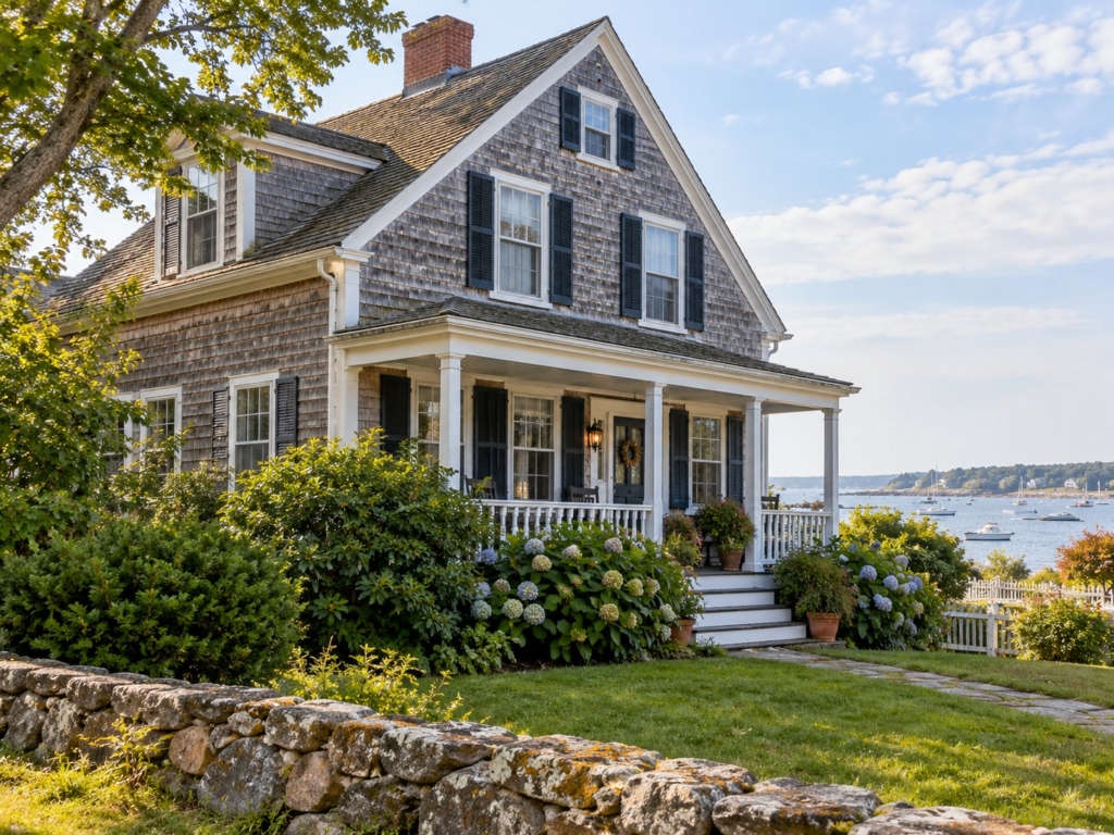 Shingled Cape Cod home with a covered porch, hydrangeas, and a stone wall overlooking a harbor