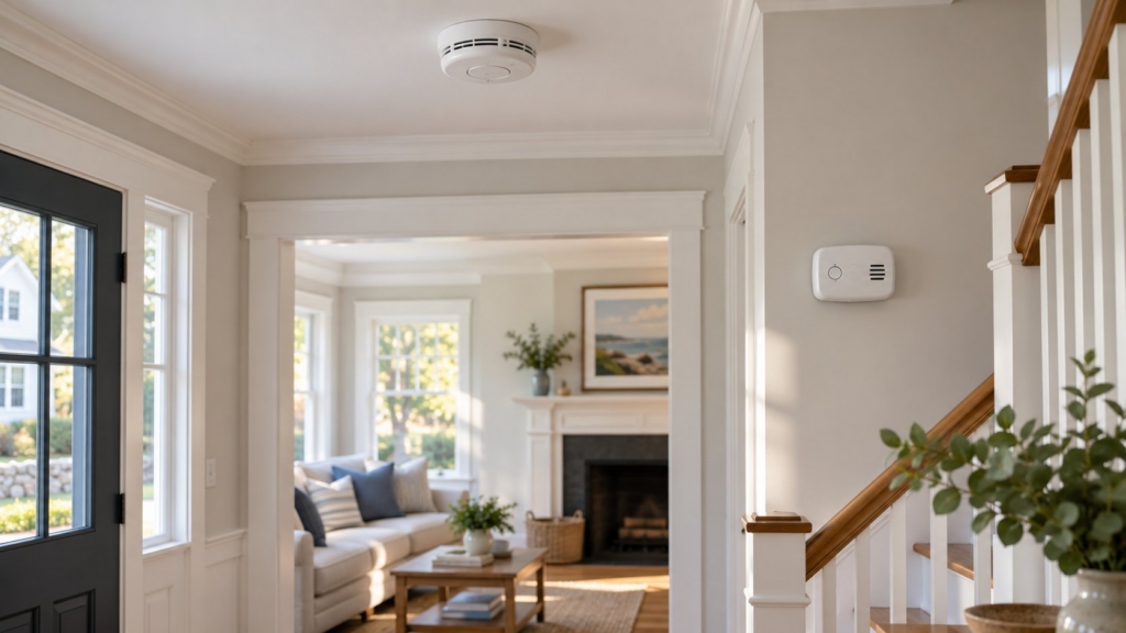 Ceiling smoke alarm and wall-mounted carbon monoxide alarm in a Massachusetts home hallway