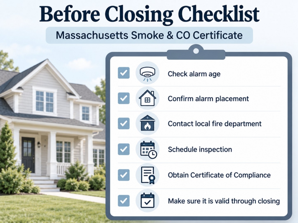 Before closing checklist for the Massachusetts smoke and CO certificate: check alarm age, confirm placement, contact the fire department, schedule the inspection, obtain the certificate, and make sure it is valid through closing